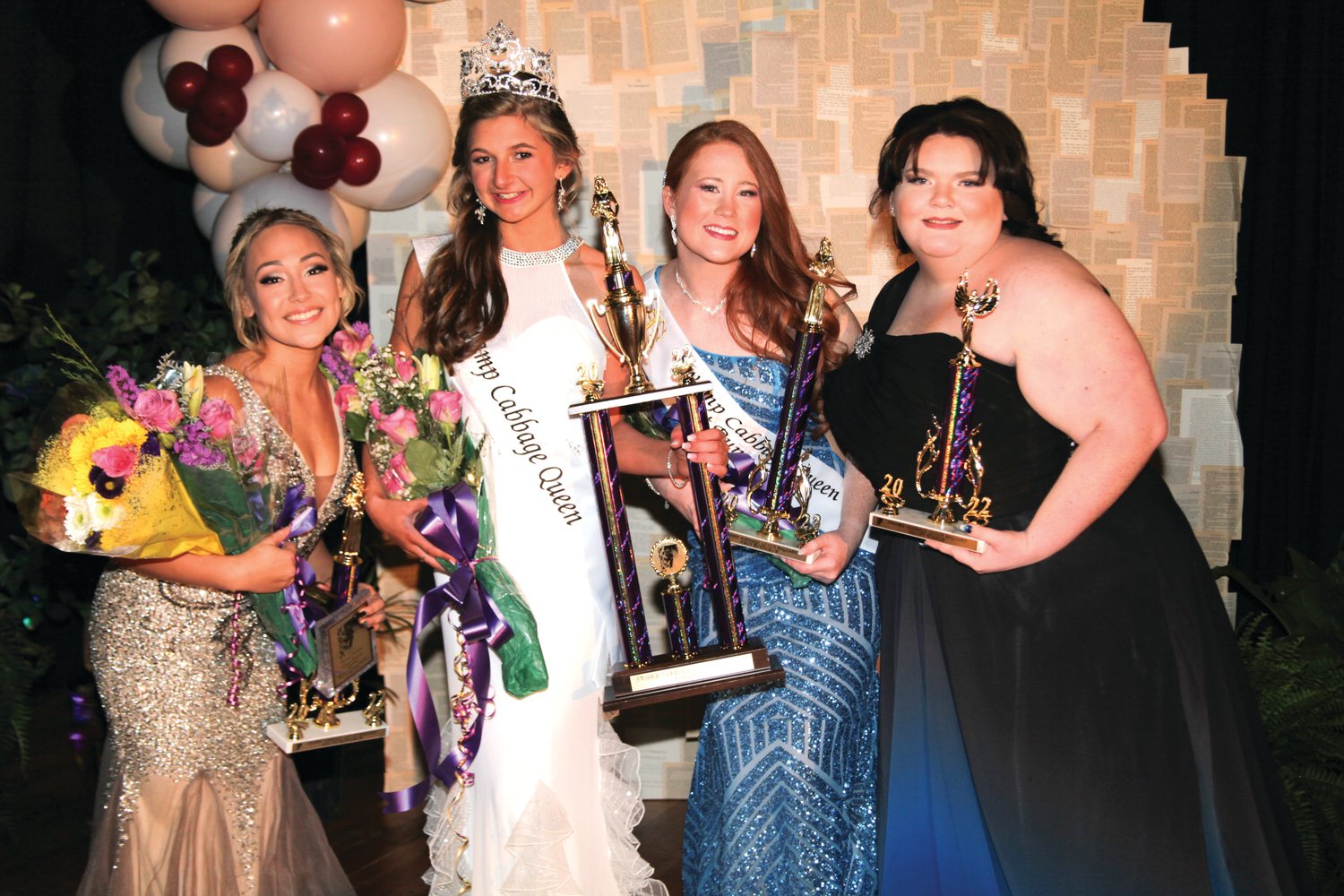 In the Swamp Cabbage Queen contest, left to right are: Second Runner Up Hailey Prince, 2022 Swamp Cabbage Queen Grace Ryan, First Runner-Up Ryley Bourdeau, and Most Talented Emyllee Hull. [Photo by Jerri Blake]